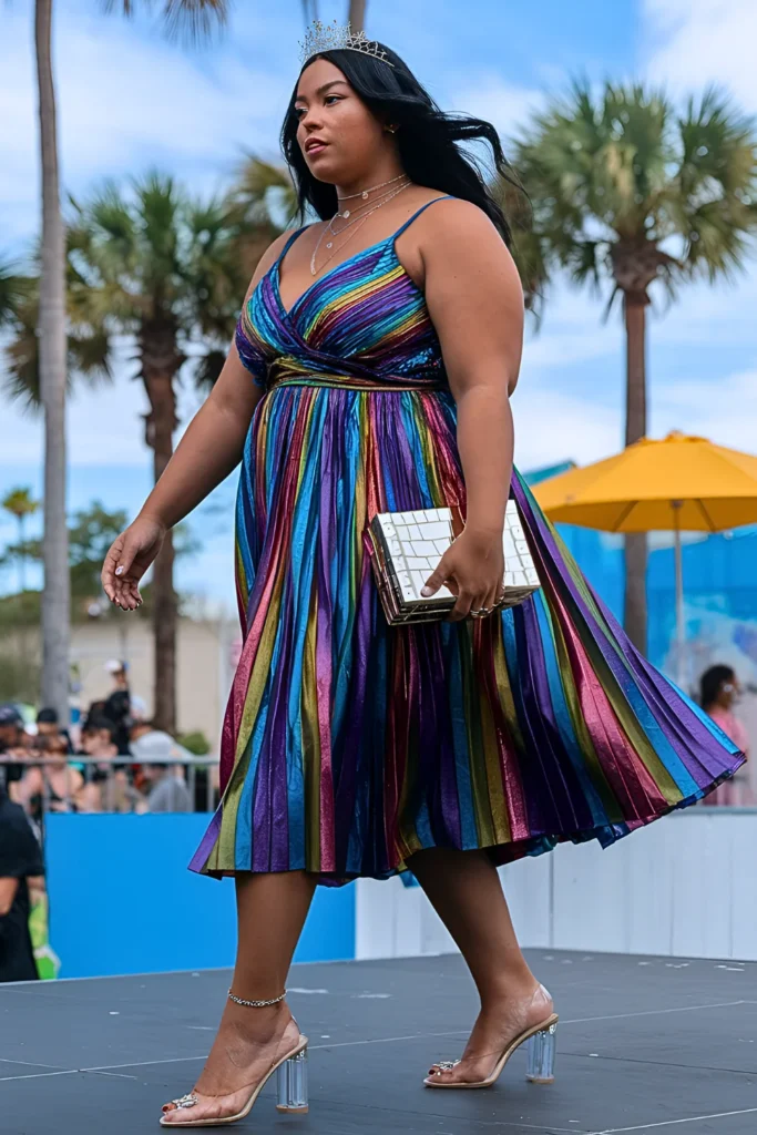 Plus Size Rainbow Metallic Stripes Pleated Midi Dress Spring Outfit for Black Women