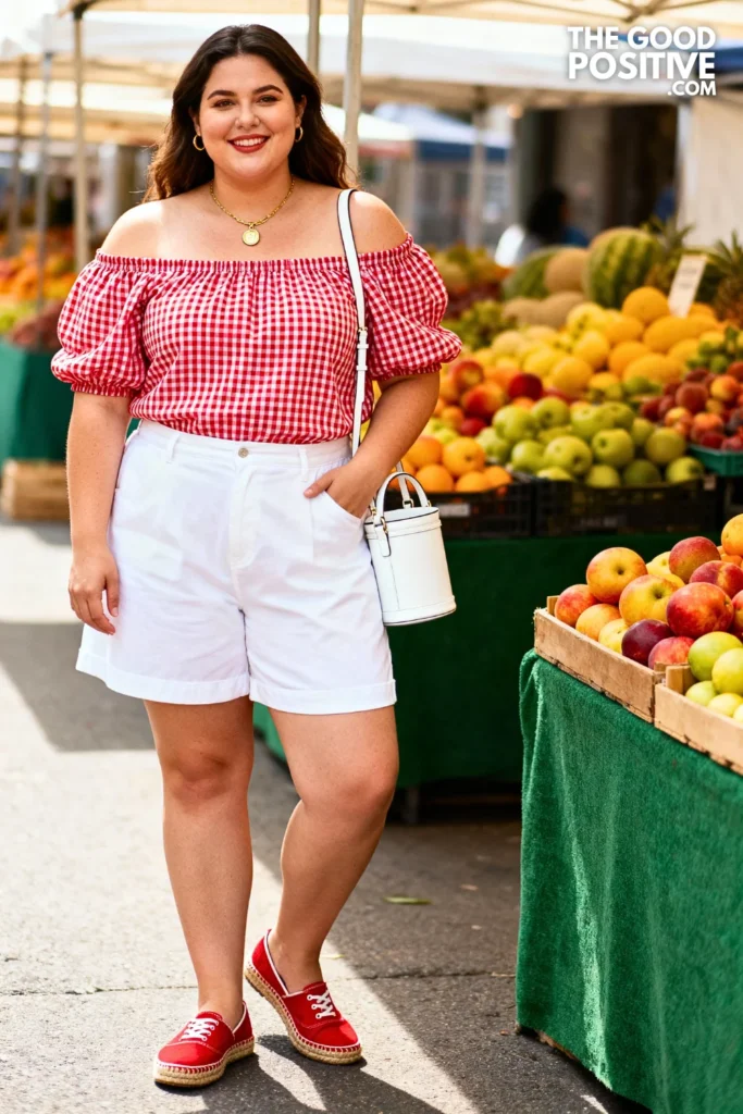 Plus Size Red Gingham Off-Shoulder Top With White Shorts Outfit