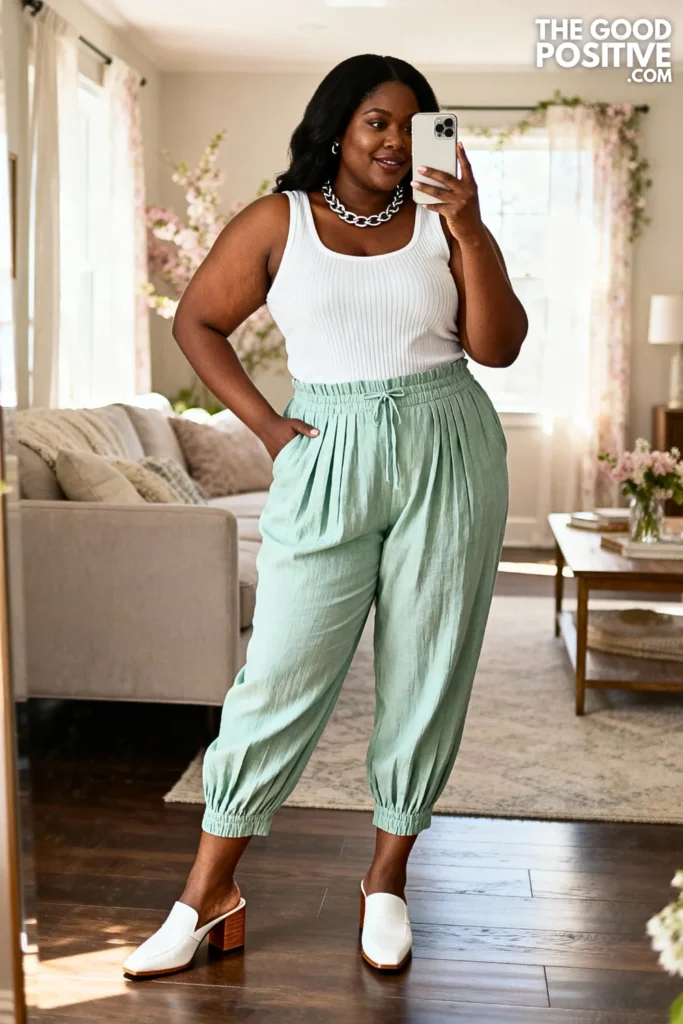 Plus Size Relaxed Linen Trousers With Tucked Tank Outfit