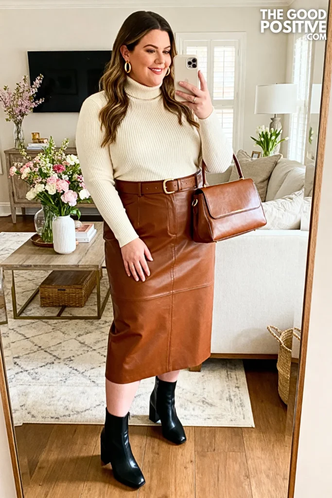 Plus Size Ribbed Turtleneck with Leather Pencil Skirt Outfit