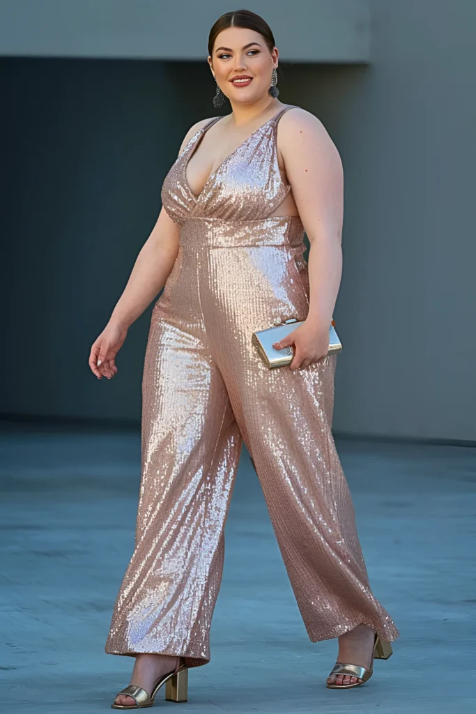 Plus Size Rose Gold Stretch Sequin Jumpsuit Spring Break Outfit