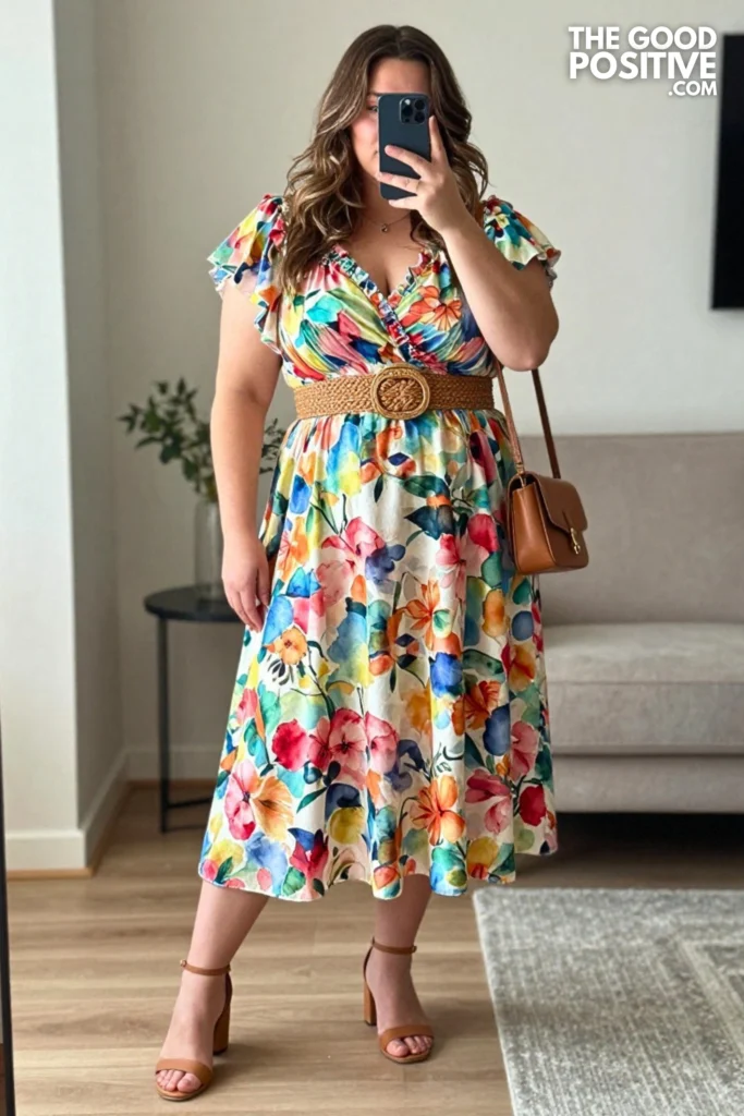 Plus Size Ruffled Sleeve Midi Dress & Woven Belt Outfit