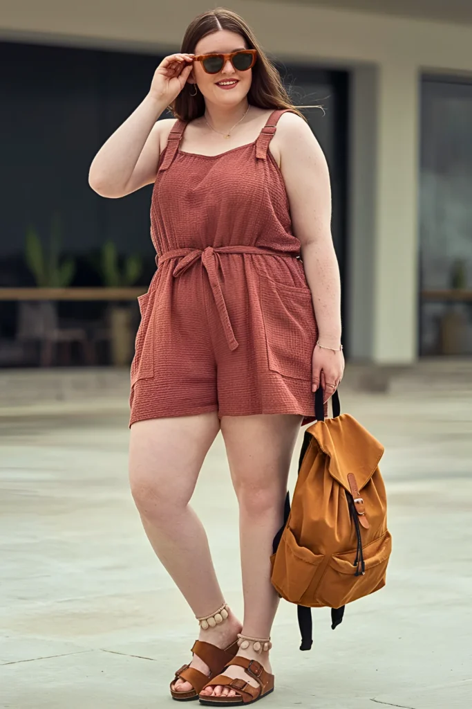 Plus Size Rust-colored Cotton Gauze Romper Spring Break Outfit