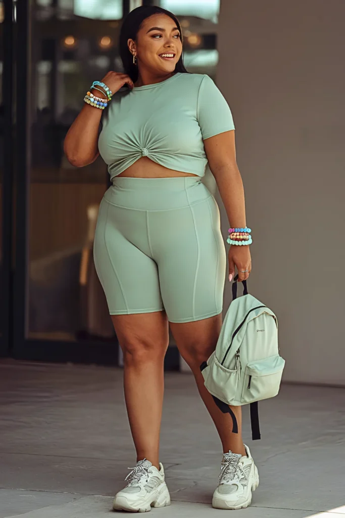 Plus Size Sage Green Jersey Knit Crop Top & Bike Shorts Spring Break Outfit