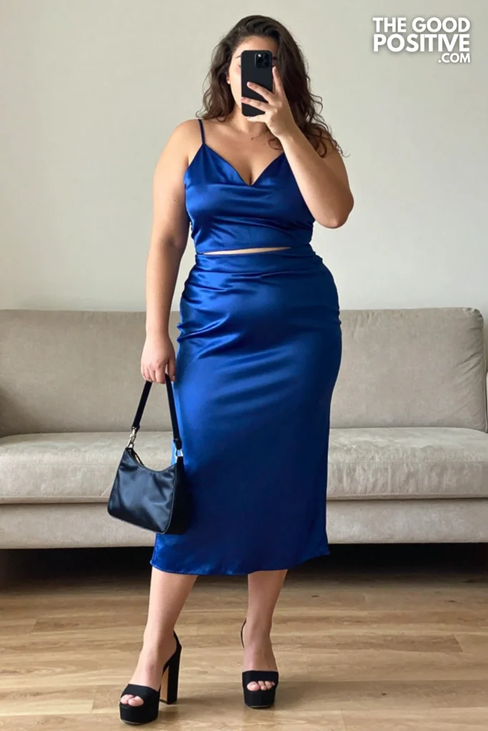Plus Size Satin Slip-Style Midi Skirt & Graphic Crop Top Outfit