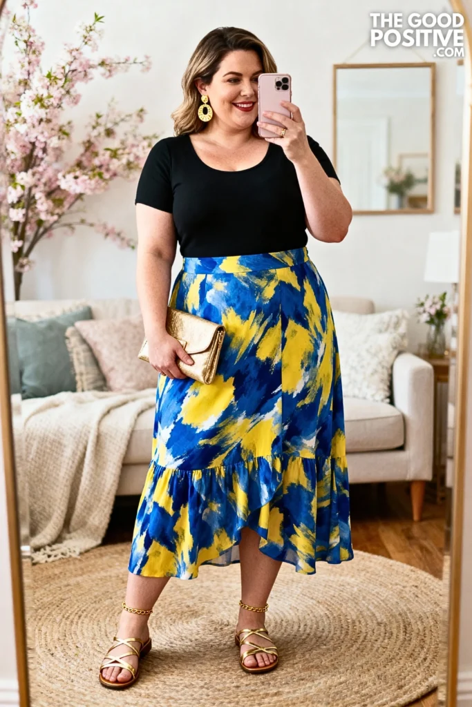 Plus Size Scoop Neck Bodysuit with Printed Maxi Skirt Outfit