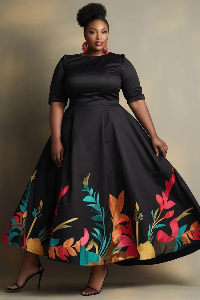 Plus Size Semi Formal Black Floral Round Neck Half Sleeve Pocket Maxi Dress