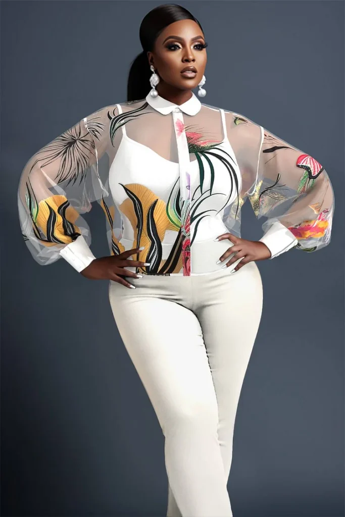 Plus Size Semi Formal White Floral Shirt Collar Long Sleeve See Through Mesh Blouse