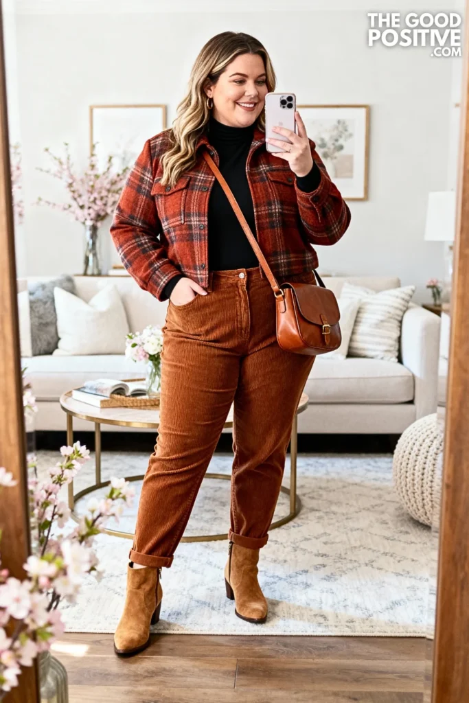 Plus Size Shacket with Straight-Leg Corduroys Outfit