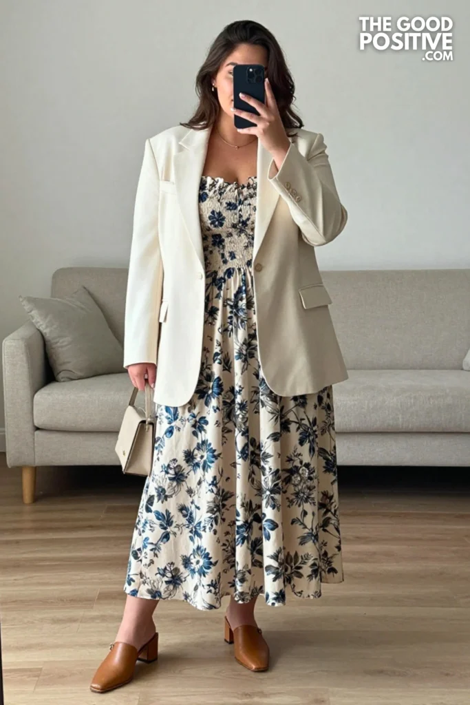 Plus Size Smocked Bodice Maxi Dress & Structured Blazer Outfit