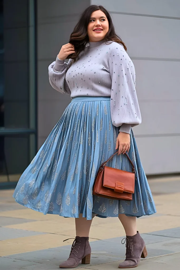 Plus Size Smoke-blue Silk Midi Skirt With Ribbed Cotton Sweater Early Spring Outfit