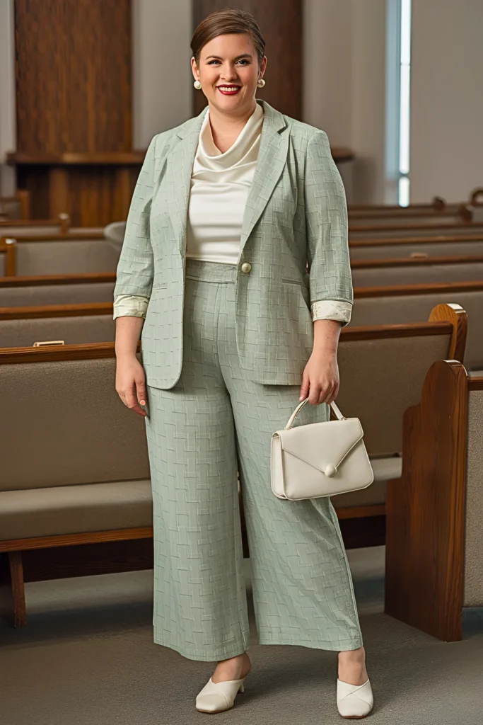 Plus Size Spring Church Geometric Sage Power Suit Outfit