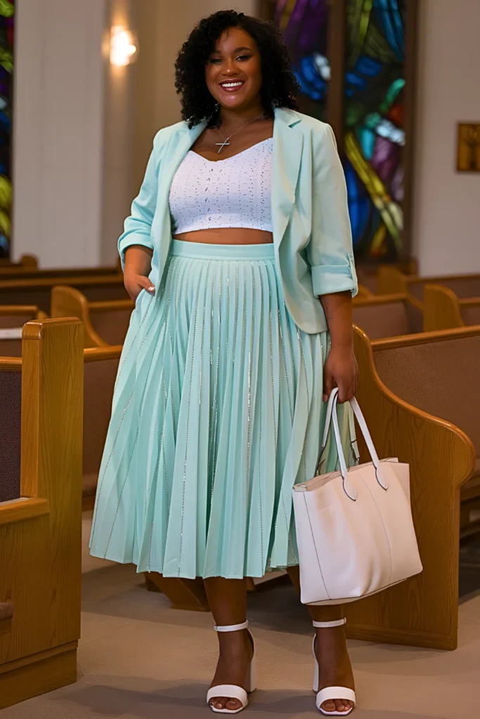 Plus Size Spring Church Modern Mint Tea-Length Ensemble Outfit