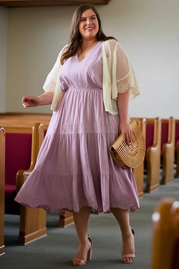 Plus Size Spring Church Soft Mauve Tiered Midi Dress Outfit