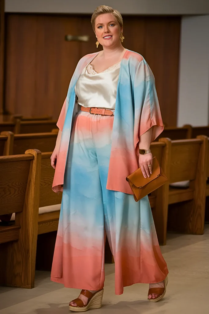 Plus Size Spring Church Watercolor Sunset Wrap Coordinate Outfit