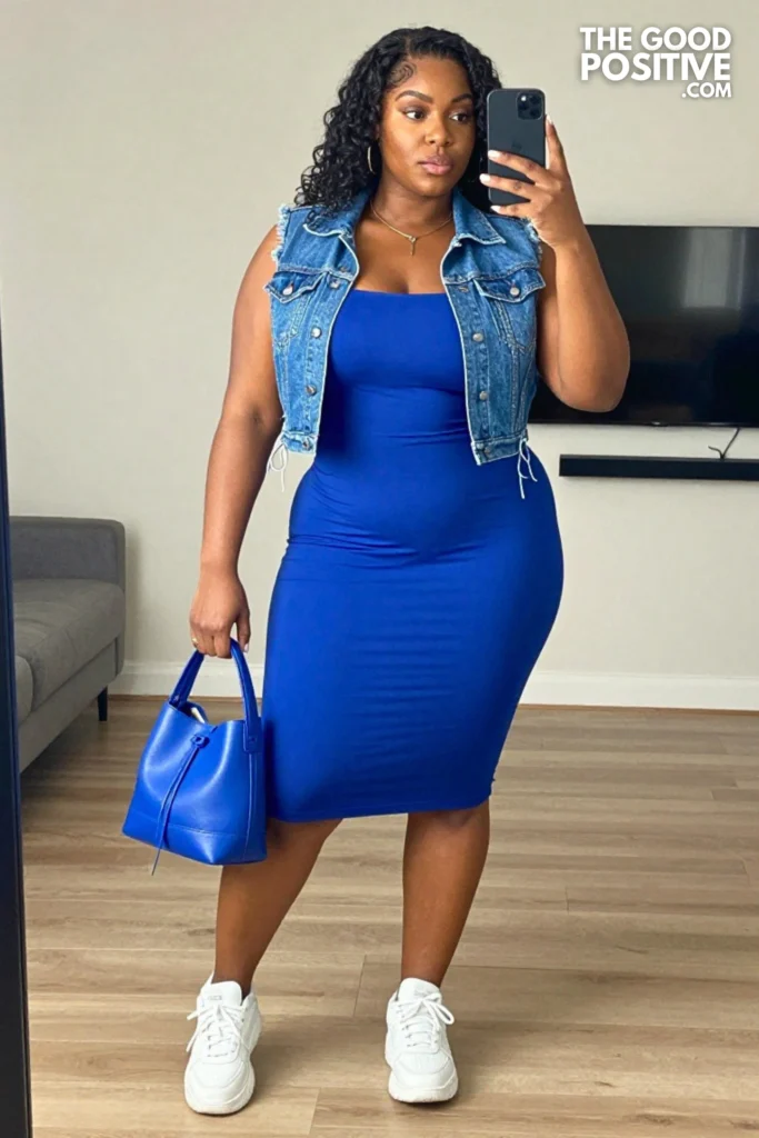 Plus Size Square-Neck Tank Dress & Cropped Denim Vest Outfit