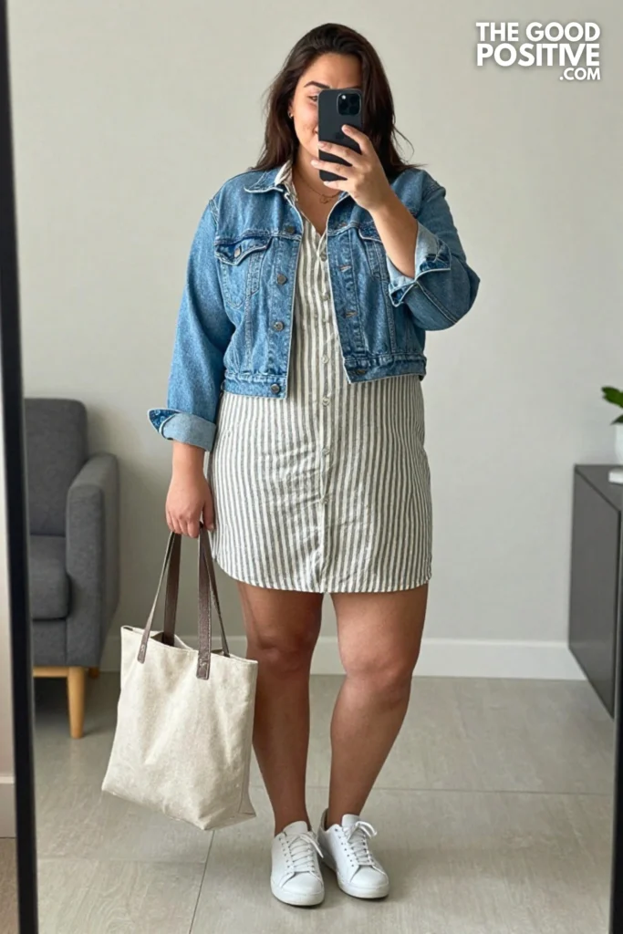 Plus Size Striped Linen Shirt Dress & Denim Jacket Outfit