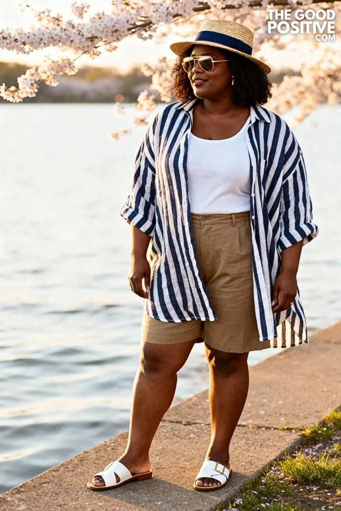 Plus Size Striped Linen Shirt With Bermuda Shorts Outfit