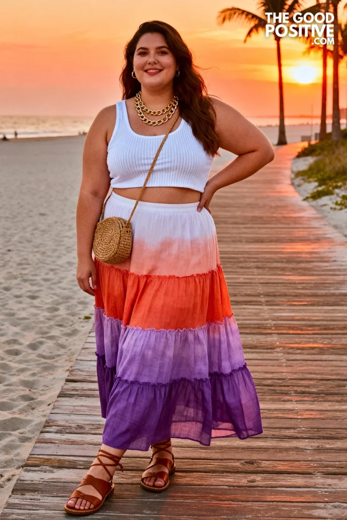 Plus Size Sunset Ombre Maxi Skirt With Cropped Tank Outfit