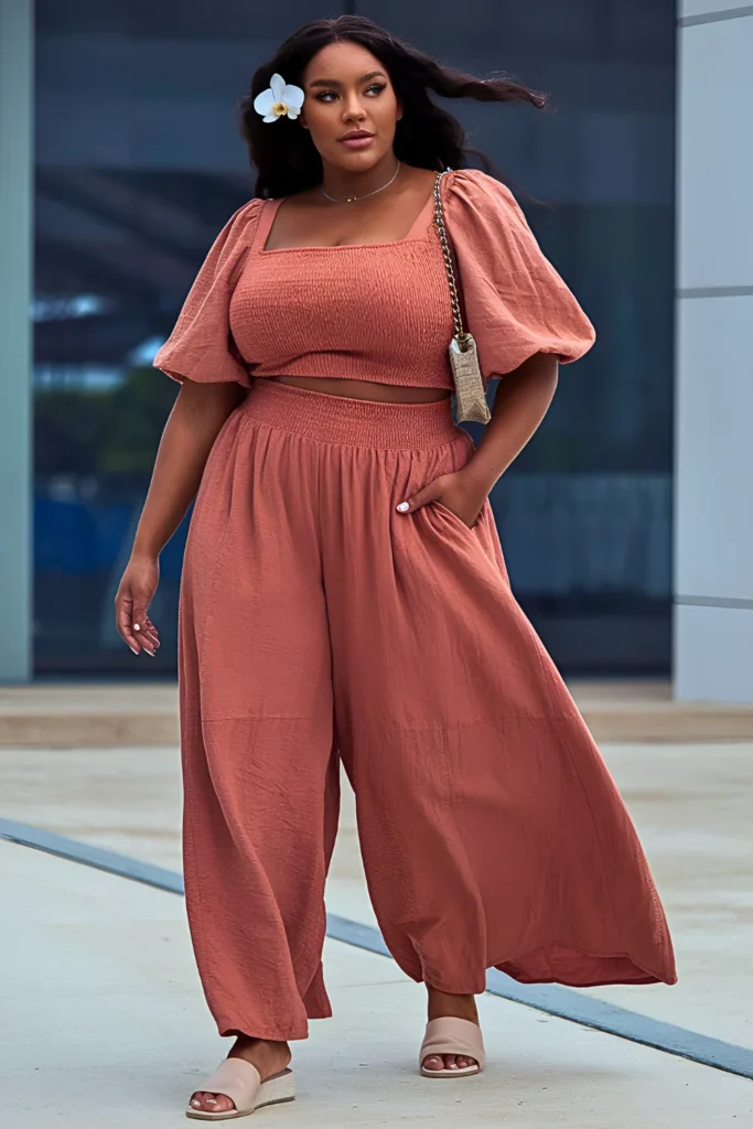 Plus Size Sunset Orange Linen-blend Crop Top With Wide-leg Pants Spring Break Outfit