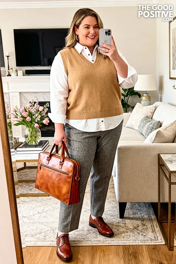 Plus Size Sweater Vest with Button-Down and Trousers Outfit