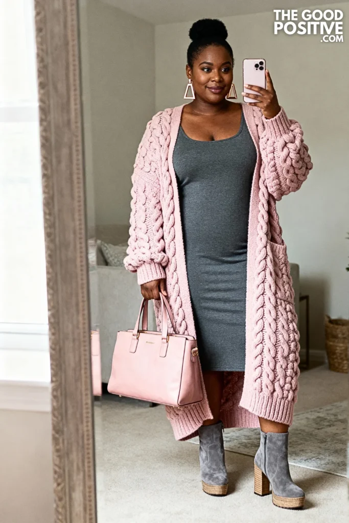 Plus Size Textured Knit Cardigan With Tank Dress Outfit