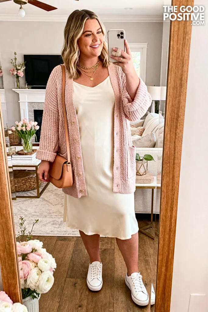 Plus Size Textured Knit Cardigan and Slip Dress Outfit