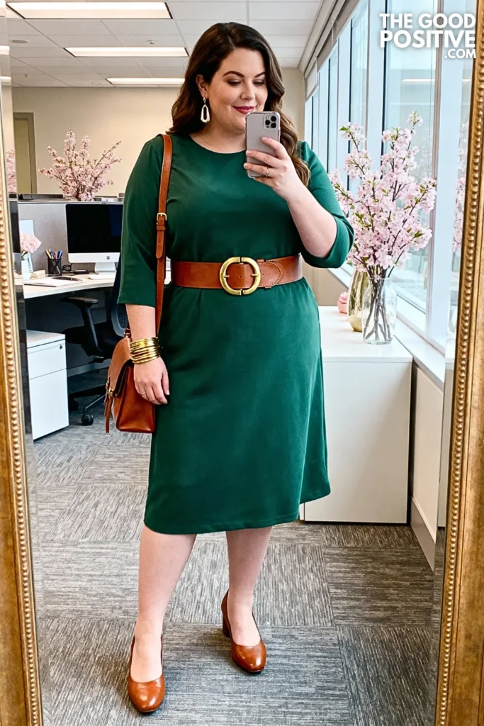 Plus Size Three-Quarter Sleeve Dress with Statement Belt Outfit