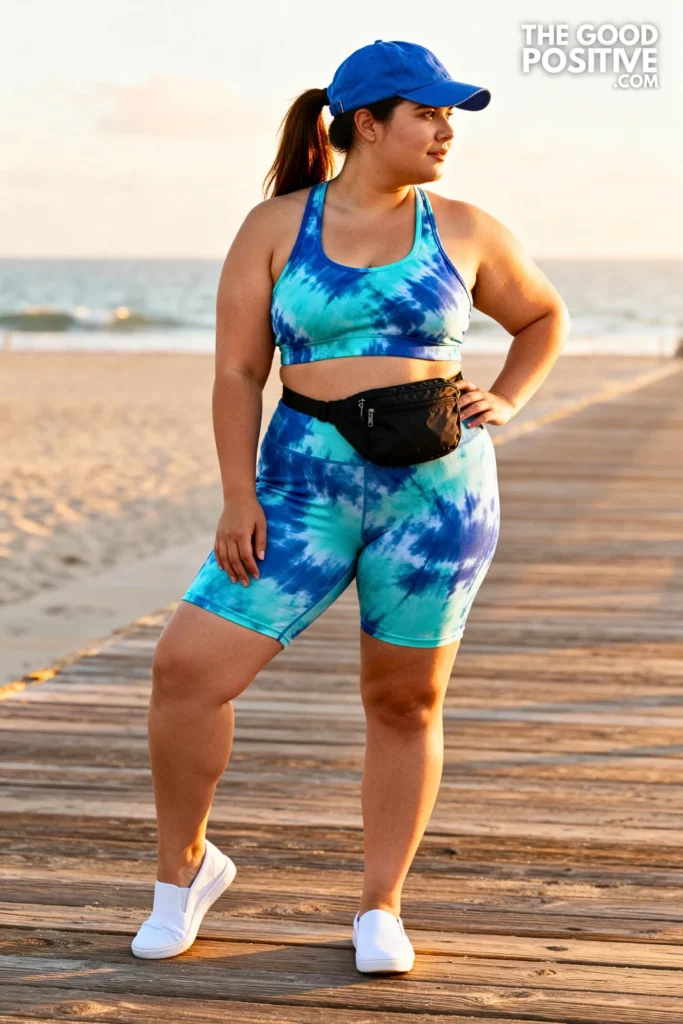 Plus Size Tie-Dye Bike Shorts With Matching Sports Bra Outfit