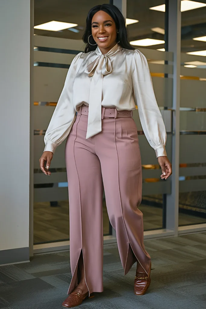 Plus Size Tie-Neck Blouse with Split-Hem Trouser Spring Work Outfit