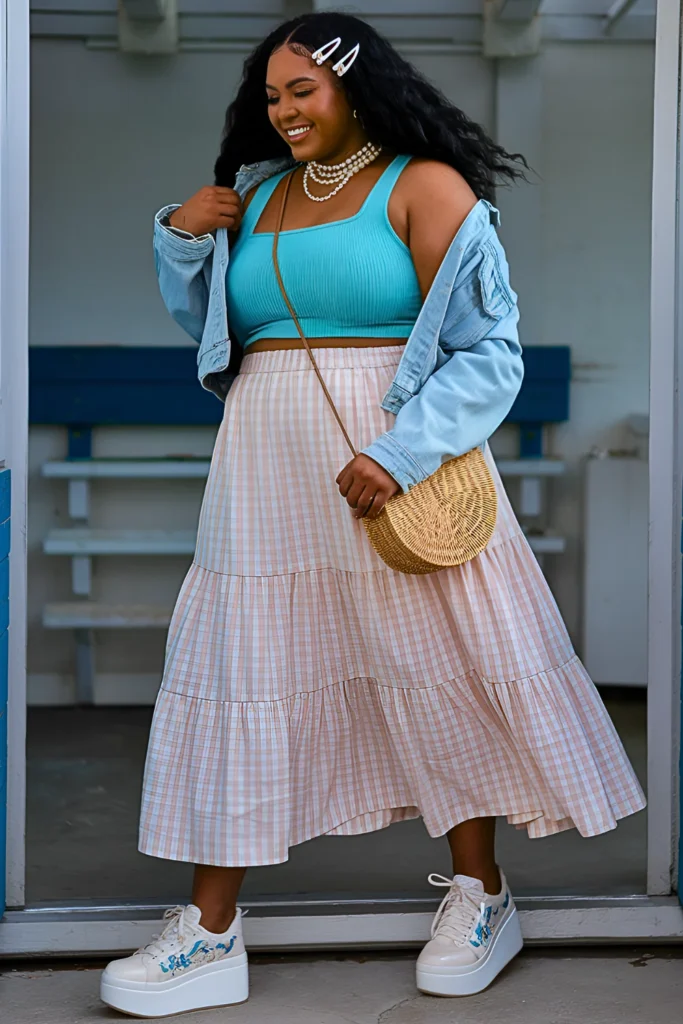 Plus Size Tiered Midi Skirt In Gingham With A Cropped Denim Jacket Spring Outfit for Black Women