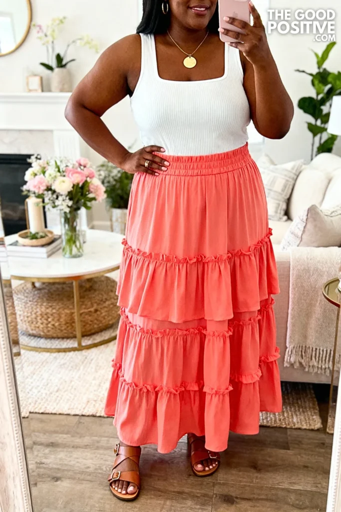 Plus Size Tiered Ruffle Maxi Skirt With Fitted Top Outfit