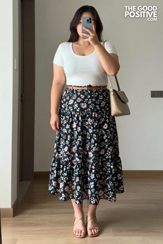 Plus Size Tiered Ruffle Skirt & Fitted Scoop-Neck Tee Outfit