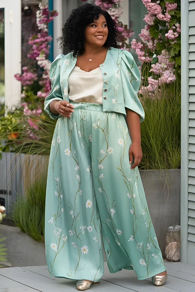 Plus Size Trailing Vines Green Silk Palazzo Pants, Cream Silk Camisole In Matching Cropped Jacket Early Spring Outfit