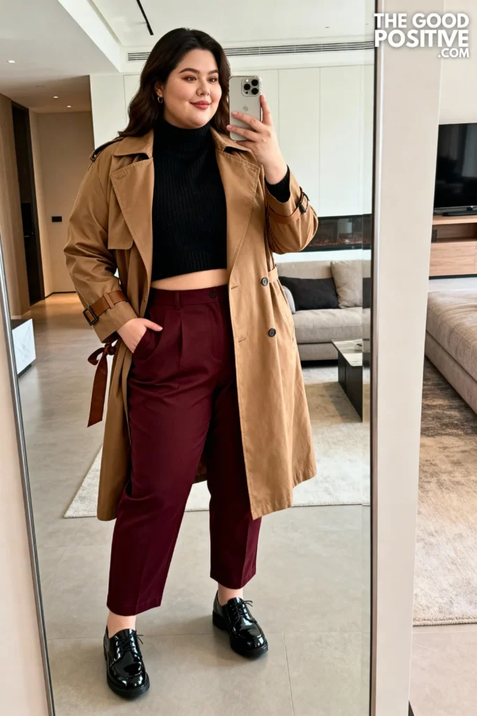 Plus Size Trench Coat and Crop Top Outfit