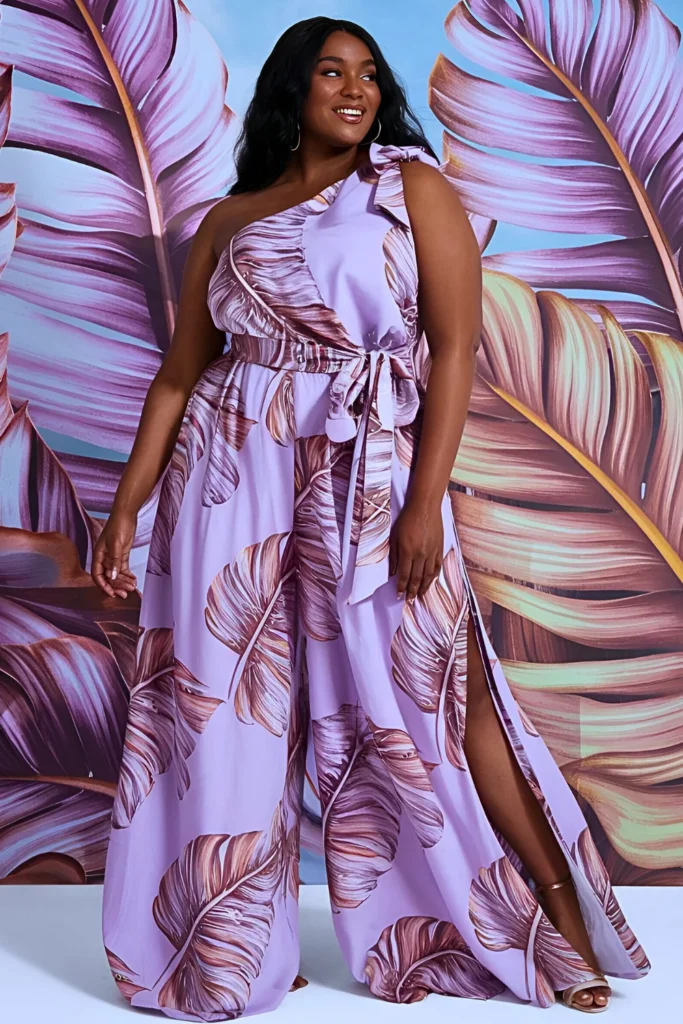 Plus Size Tropical Leaves One-shoulder Lavender Jumpsuit In Lightweight Fabric Spring Outfit for Black Women