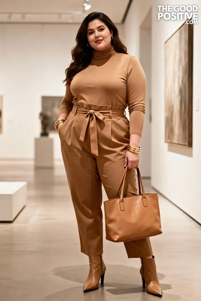 Plus Size Turtleneck and Paper Bag Waist Pants Outfit