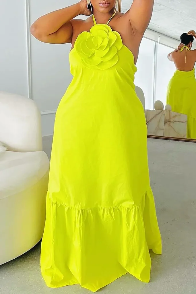 Plus Size Vacation Fluorescent Neon Green Sundress Halter Collar 3D Backless Cotton Maxi Dress