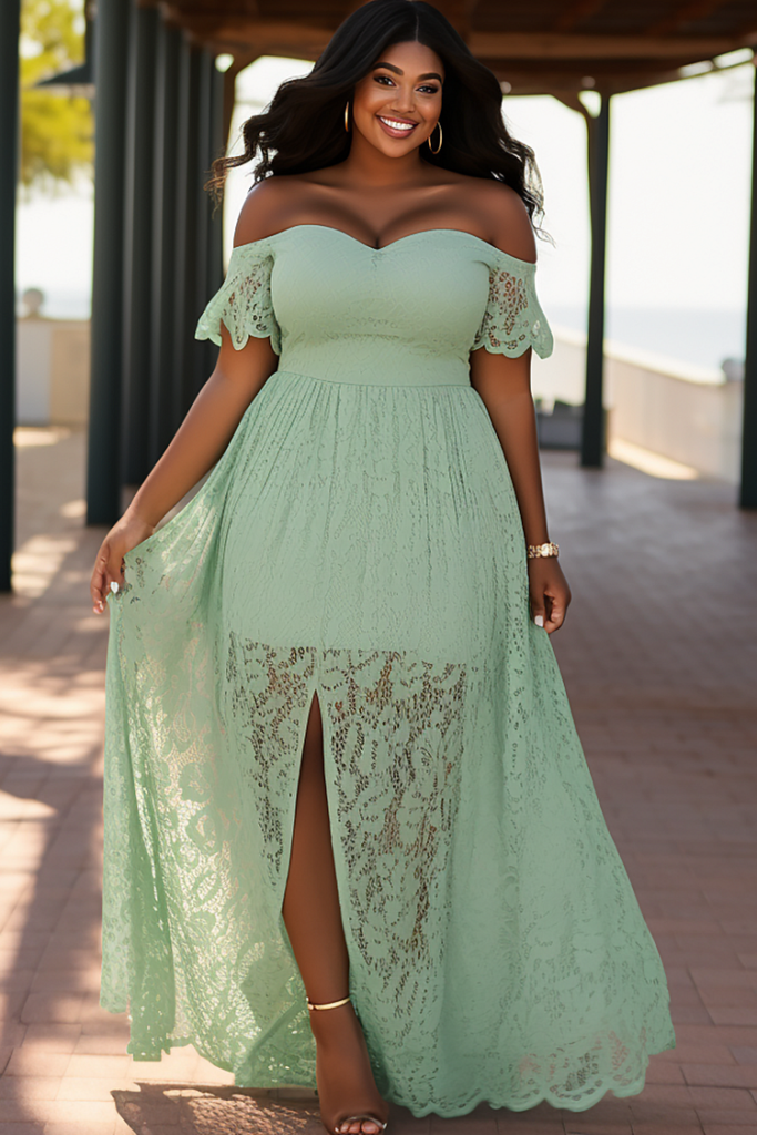 Plus Size Vacation Sage Green Off The Shoulder Split Lace Sundress Maxi Dress