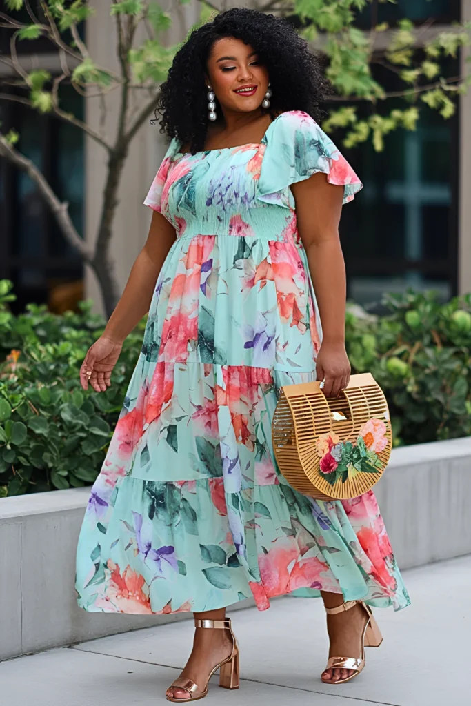 Plus Size Watercolor Floral Maxi with Rose Gold Sandals Spring Outfit