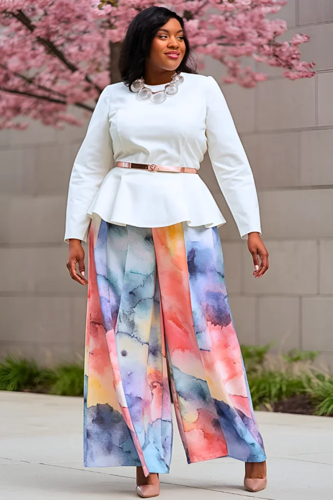 Plus Size Watercolor Palazzo Pants with White Peplum Blouse Spring Outfit