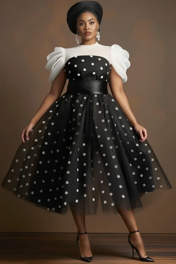 Plus Size Wedding Guest Black Polka Dot Round Neck Puff Sleeve Short Sleeve Contrast Vintage Tulle Midi Dress