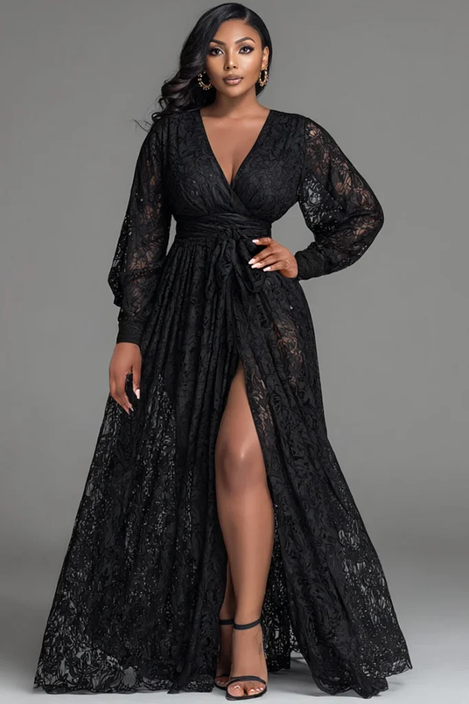 Plus Size Wedding Guest Black V Neck Long Sleeve Split Elegant See Through Lace Maxi Dress