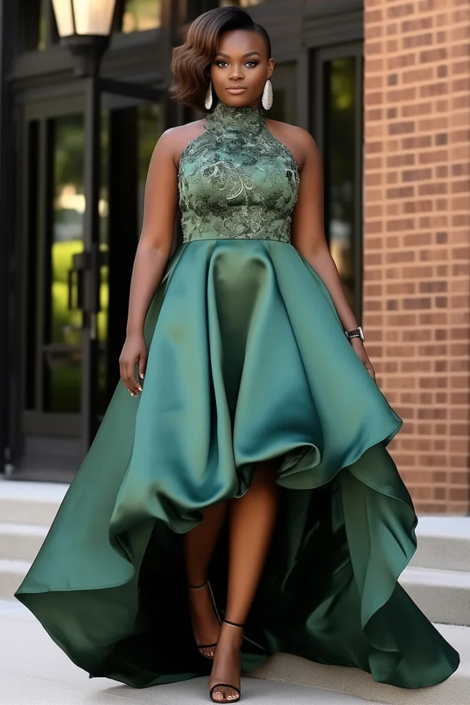 Plus Size Wedding Guest Emerald Green Halter Collar High Low Hem Contrast Satin Midi Dress