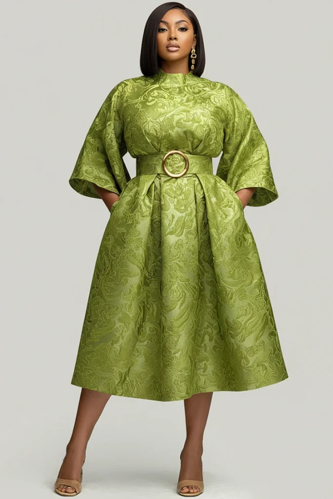 Plus Size Wedding Guest Green Round Neck 3:4 Sleeve Pocket Midi Dress