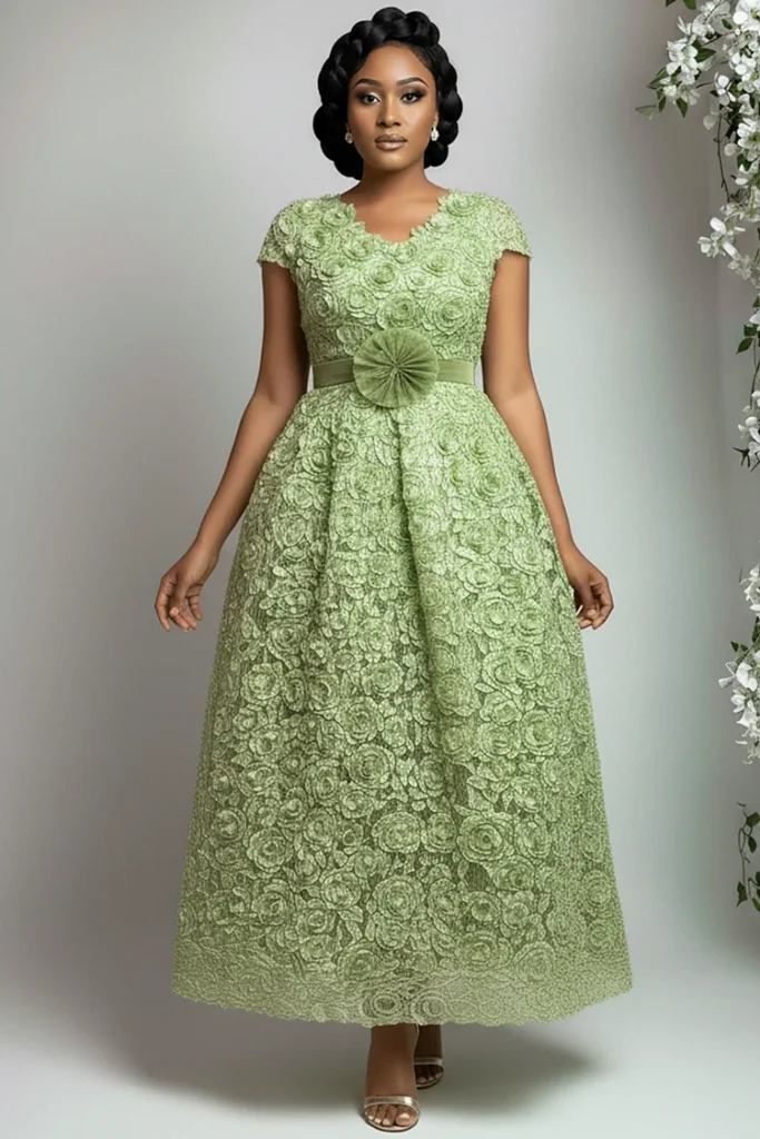 Plus Size Wedding Guest Green Round Neck Short Sleeve 3D Pocket Midi Dress