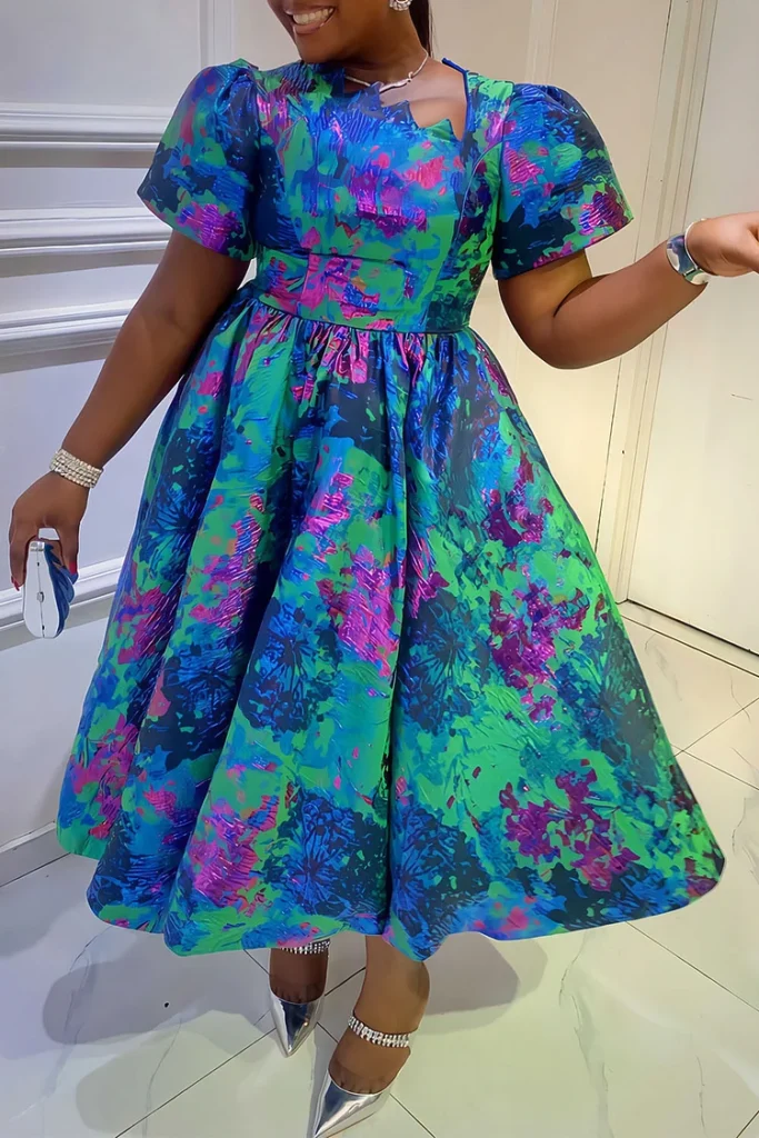 Plus Size Wedding Guest Multicolor Asymmetrical Collar Puff Sleeve Short Sleeve Jacquard Midi Dress