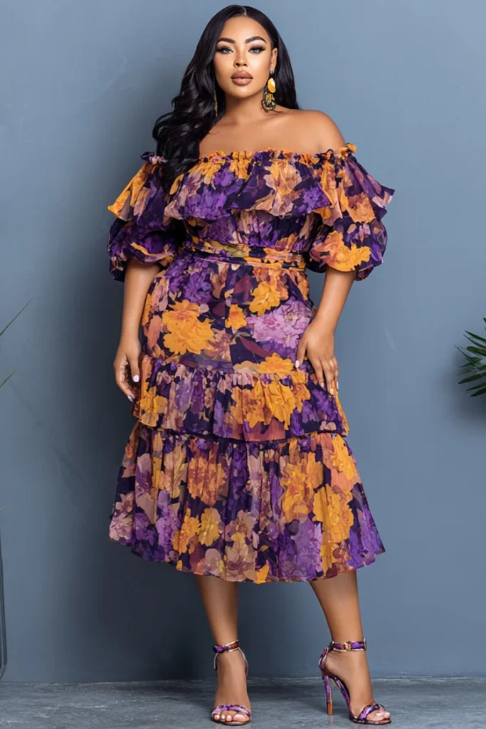 Plus Size Wedding Guest Multicolor Floral Off The Shoulder Short Sleeve Ruffle Chiffon Midi Dress