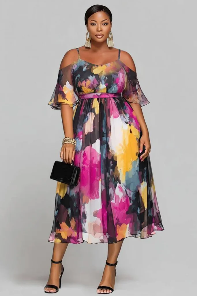 Plus Size Wedding Guest Multicolor Floral V Neck Cold Shoulder Short Sleeve Chiffon Midi Dress