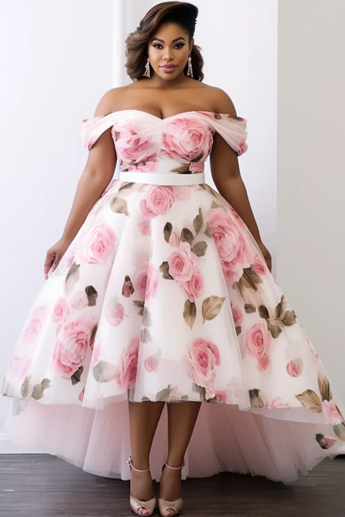 Plus Size Wedding Guest Pink Floral Off The Shoulder High Low Hem Tulle Maxi Dress